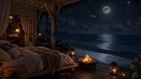 Cozy Night Porch by the Sea - Ocean Waves & Fire